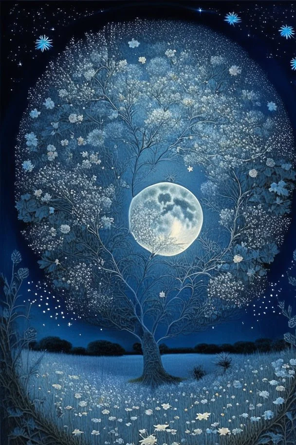 a background of softly blended blues, greys, silvers, and whites with distant, twinkling stars in the sky, an a perfectly round moon casting a soft glow of light on a foreground of a field of various flowers surrounding a tree of life