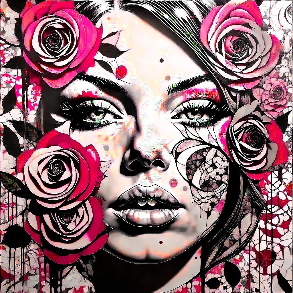 A detailed high quality surreal painting of a delicate, shimmering single pink, personified rose, with a womans face a small pretty face in its petals, two eyes, pouting lips, delictae nose, background is a blurred black and white hypnotic pattern, very mod, 1960s inspired art, psychedelic, highly detailed conceptual art, mixed media collage, dark fantastical, hypnotic atmosphere, fine lines, dali-esc, beautiful and natural, strange art, optical illusion