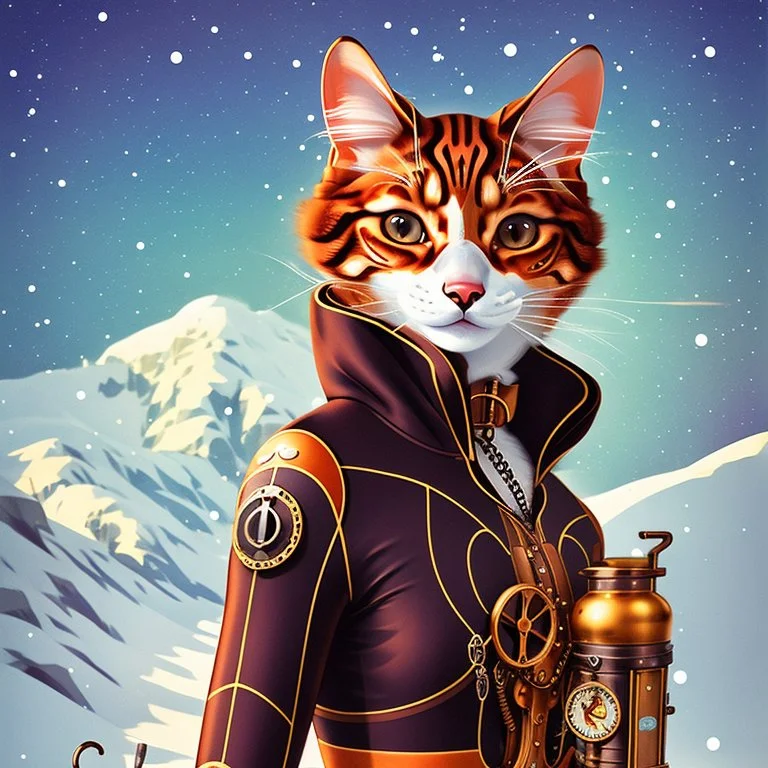 Hermosa ilustración steampunk coloreada arte lineal de un gato antropomorfico con traje de esquiador, esquiando en la nieve, calidad ultra, hiperdetallado,12k