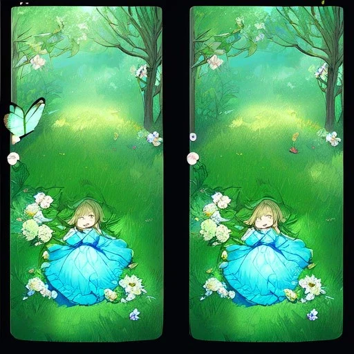 tiny anime girl sleeping in the distance, laying down in a field of flowers, underneath a willow tree, with a butterfly on her nose, hand detail looks human.zoom out. zoom out