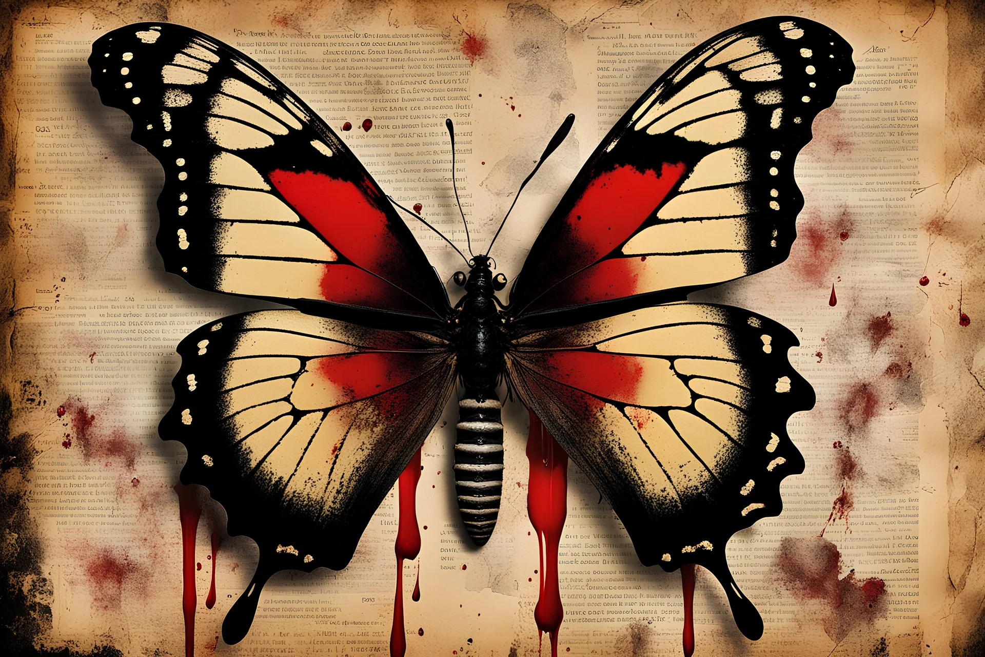 a bleeding black velvet butterfly is pinned on a large nail on an old dirty wall, red blood flowing from the butterfly's wings and body, drops of blood on the wall, old yellowed torn newspaper clippings on the wall, dirty fingerprints, cracked old grayed white paint, intricate details, sharp focus , cinematic, surreal, frighteningly beautiful, perfect composition