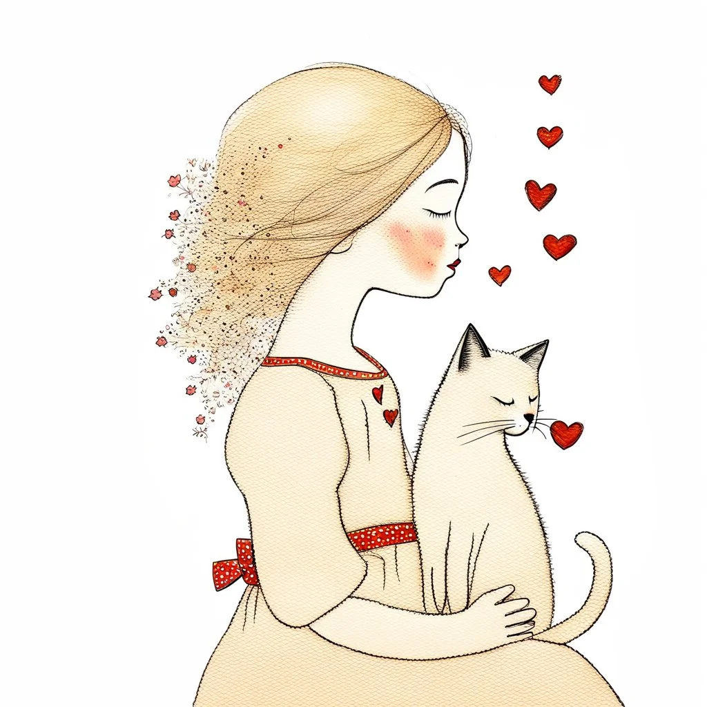 girl and a fluffy Siamese cat, naive childlike proportions, girl in profile with closed eyes and rosy cheeks, textured hair filled with white flowers and scribbled lines, simple floral dress, cat with eyes closed and tiny red hearts above its head, mixed-media acrylic and pencil texture, muted vintage pastel colors, warm beige background, dreamy feel, soft and imperfect hand-painted, naive art style.