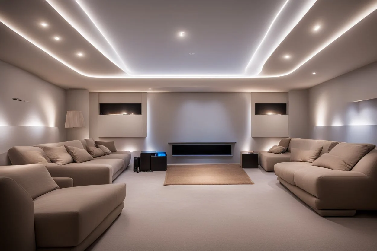 dedicated home cinema room with LED lighting in the walls make sure the room is completely symmetrical