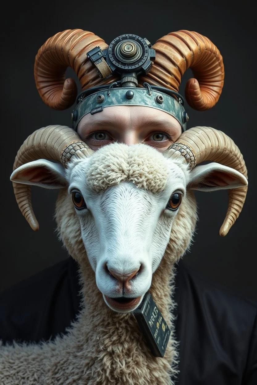 a portrait of a broken head mechanic sheepman, man is eating a hybrid mixed body part sheep, giant eyes sheep alien style H.R giger look