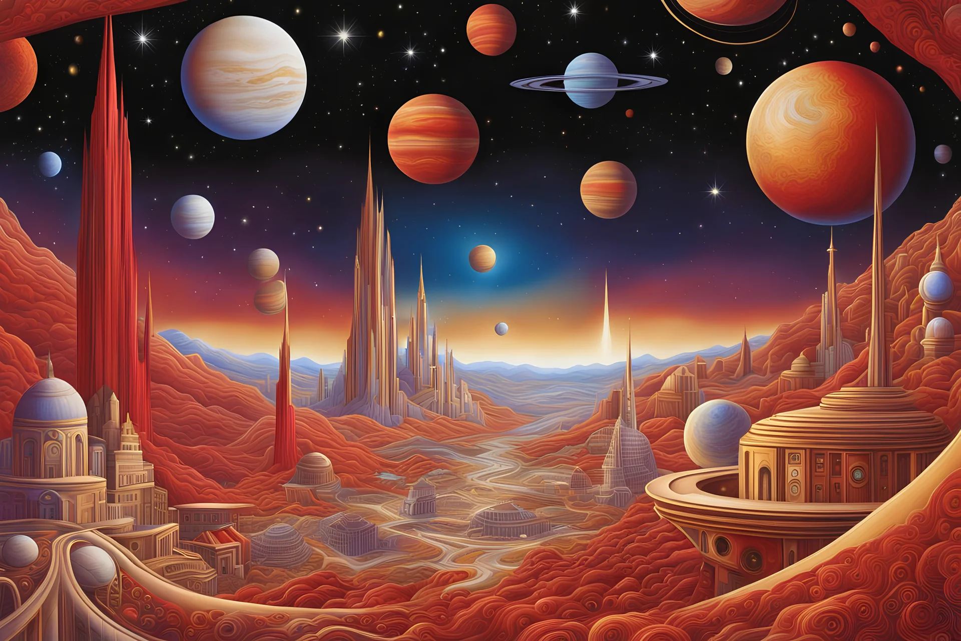 red, gold, white planetary landscape with stars, galaxies, planets, and a futuristic town in the illustrated style of Alex Grey