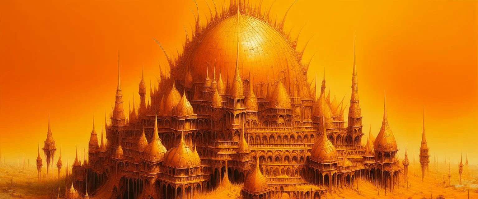 A golden orange colored citadel covered in spikes painted by Zhang Lu