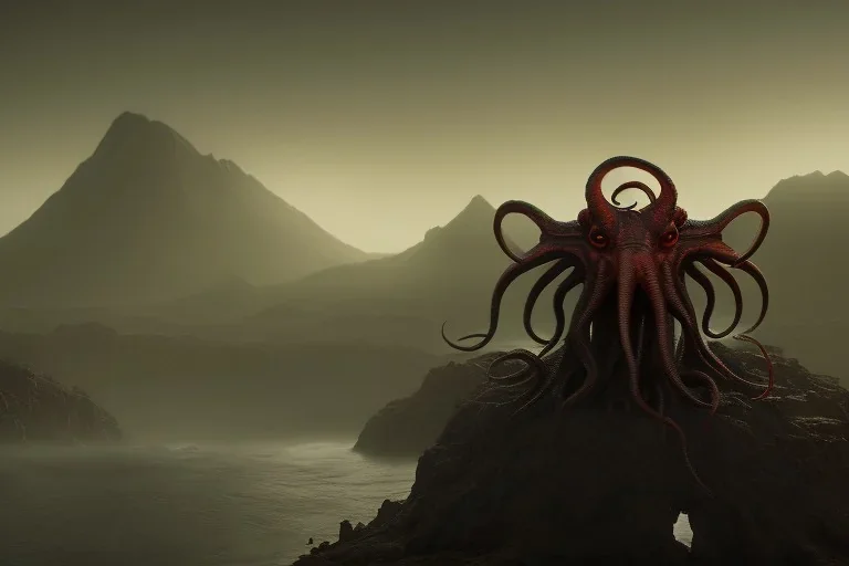 Cthulhu rising, dark, ocean, mist, mountains in background