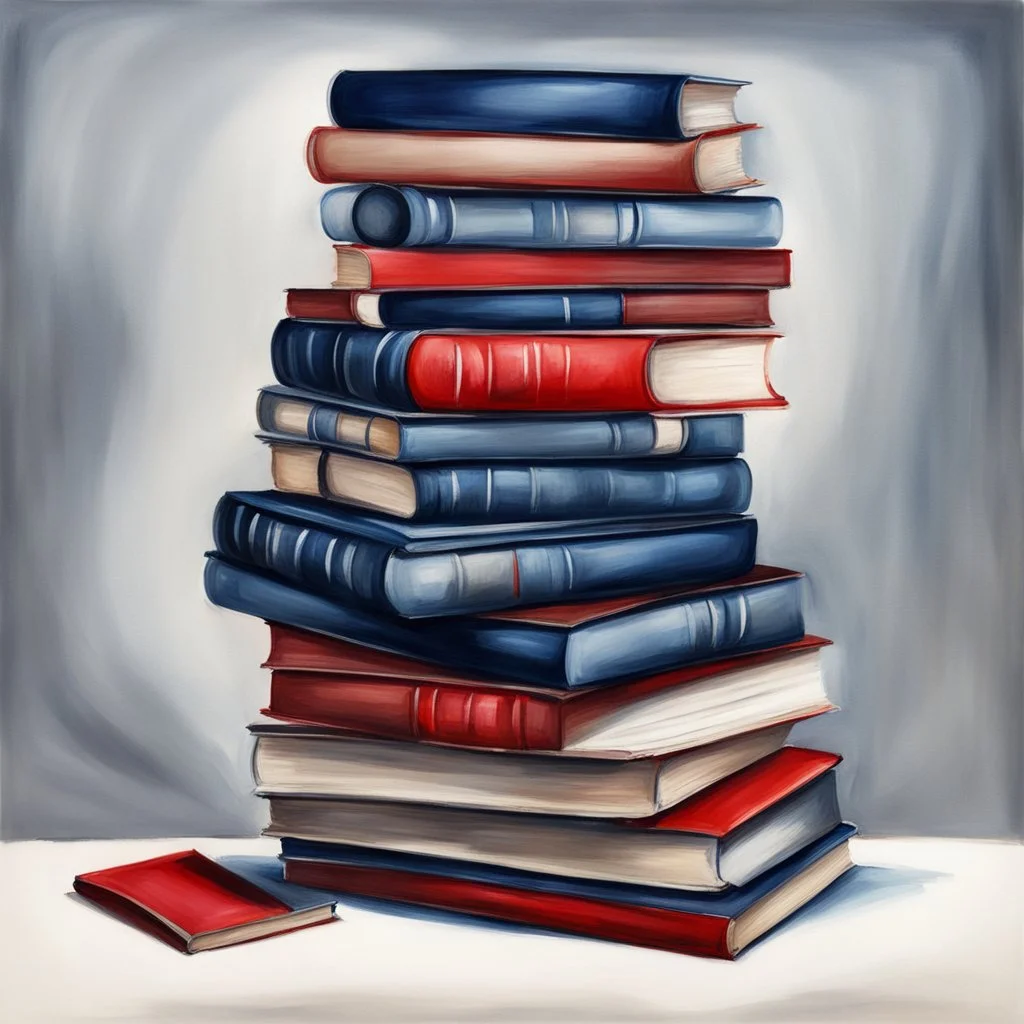 Hand drawn illustration, oil painting, midnight blue and red, stack of books with airbrushed tape, white background only