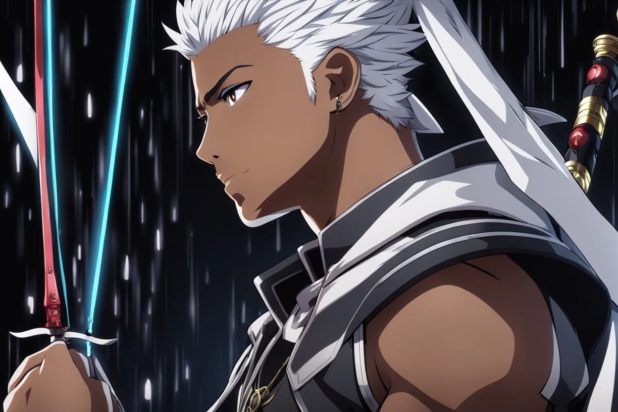 Shirou with black skin and white hair in 8k anime fate stay night drawing style, archer them, archer custom, close picture, rain, neon, intricate details, highly detailed, high details, detailed portrait, masterpiece,ultra detailed, ultra quality