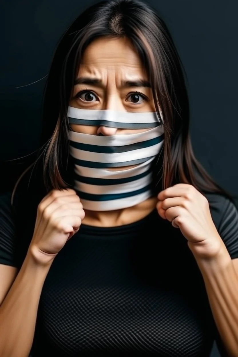 Woman in yoga outfit with duct tape over mouth