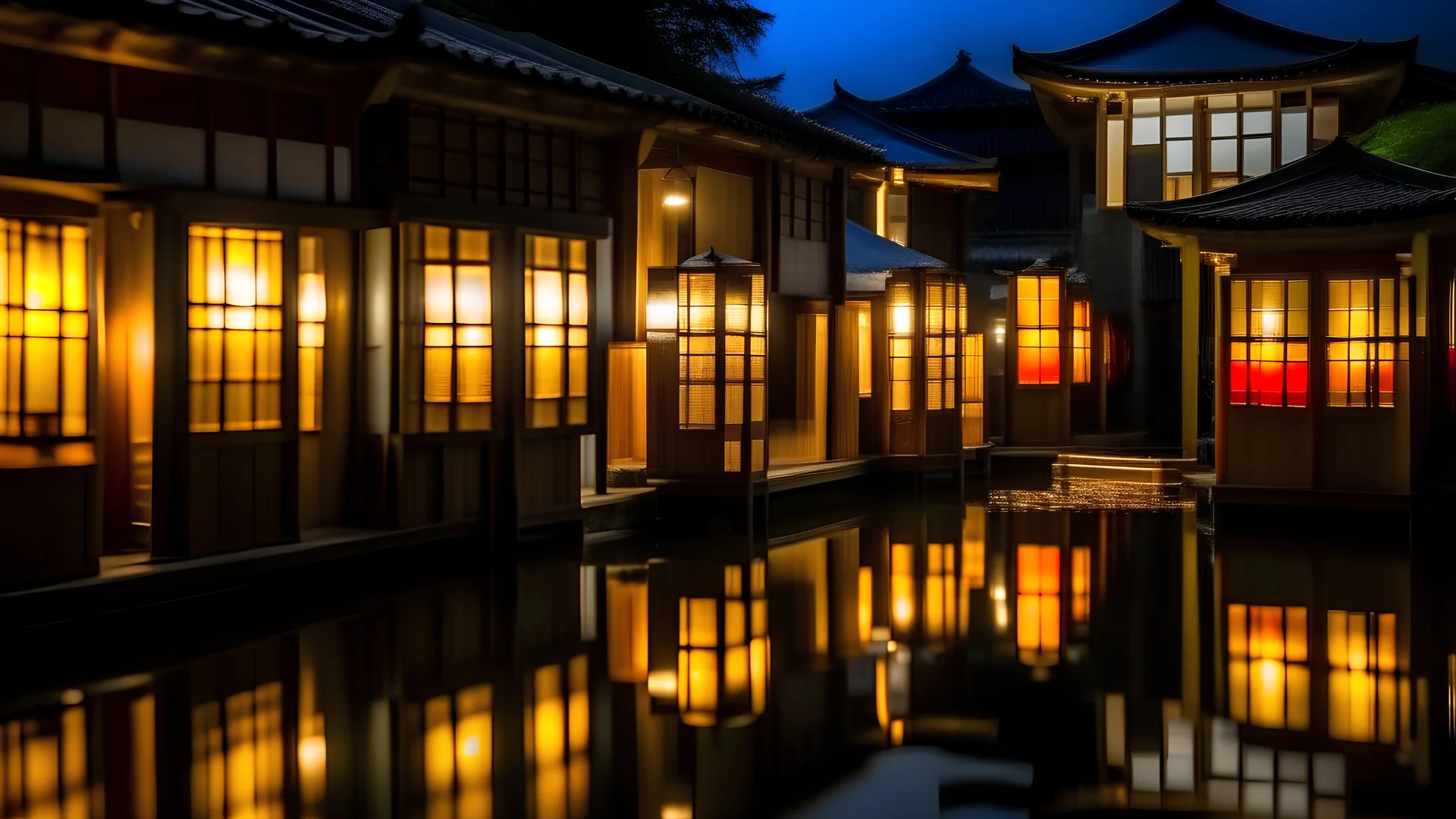 Buildings with different shapes, heights and cladding of their walls and windows, are reflected on the lake where small boats rest with lit lanterns.