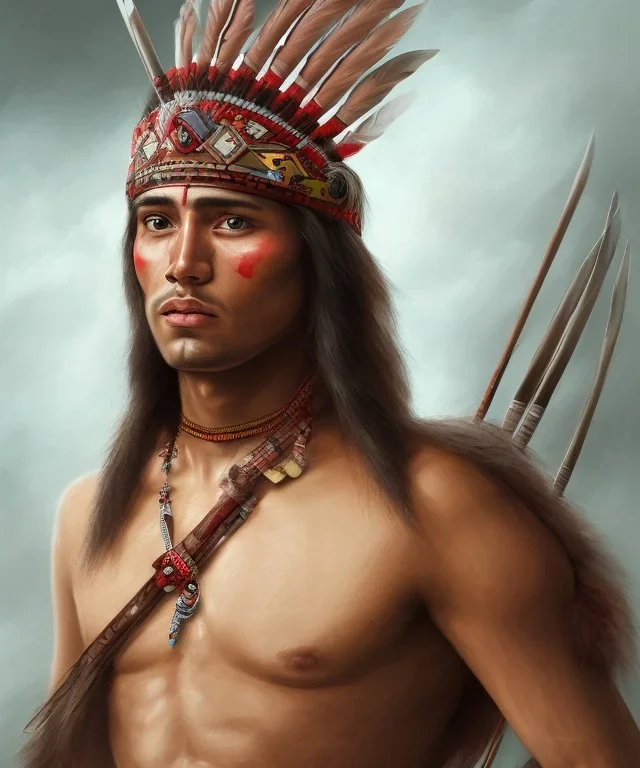 Guaicaipuro, native american, 30 years old, Muscular warrior, red feathers headdress, heroic pose holding spear