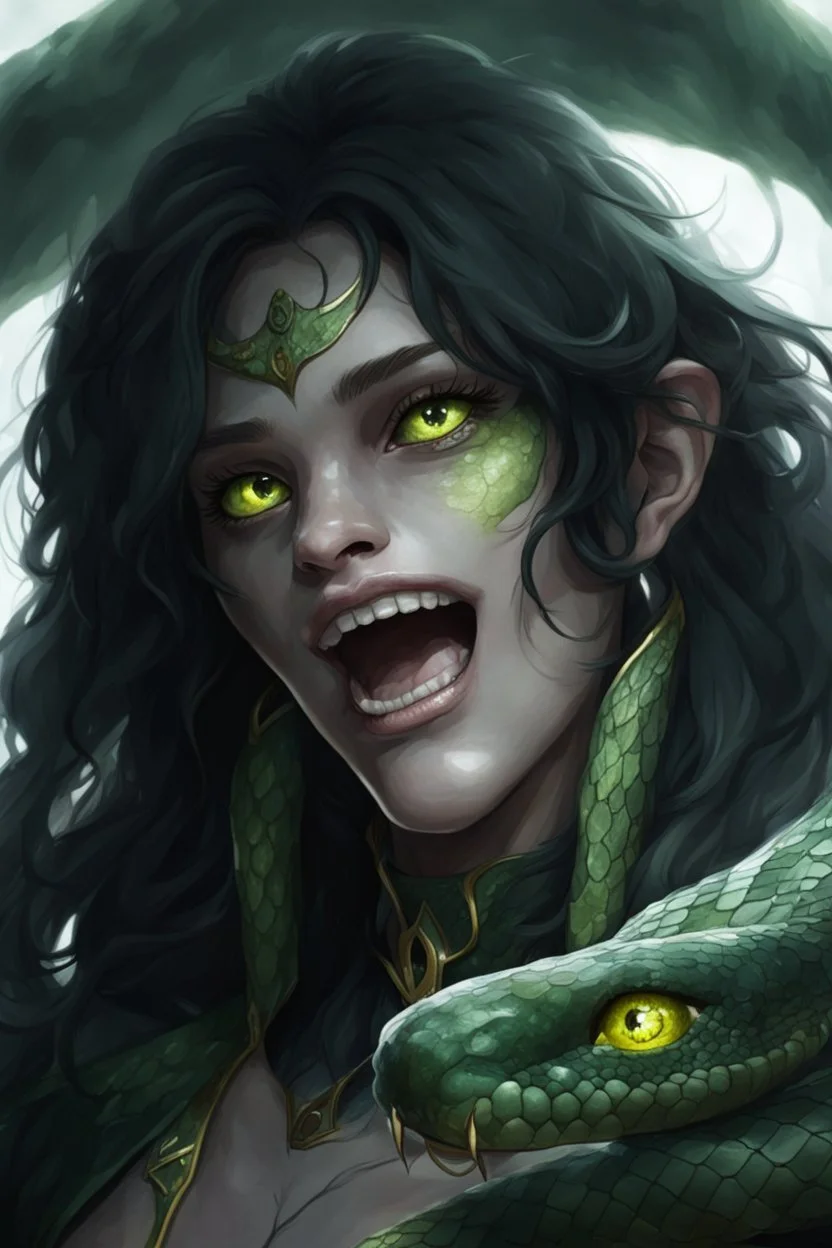 a snake human hybrid with green scales and yellow eyes