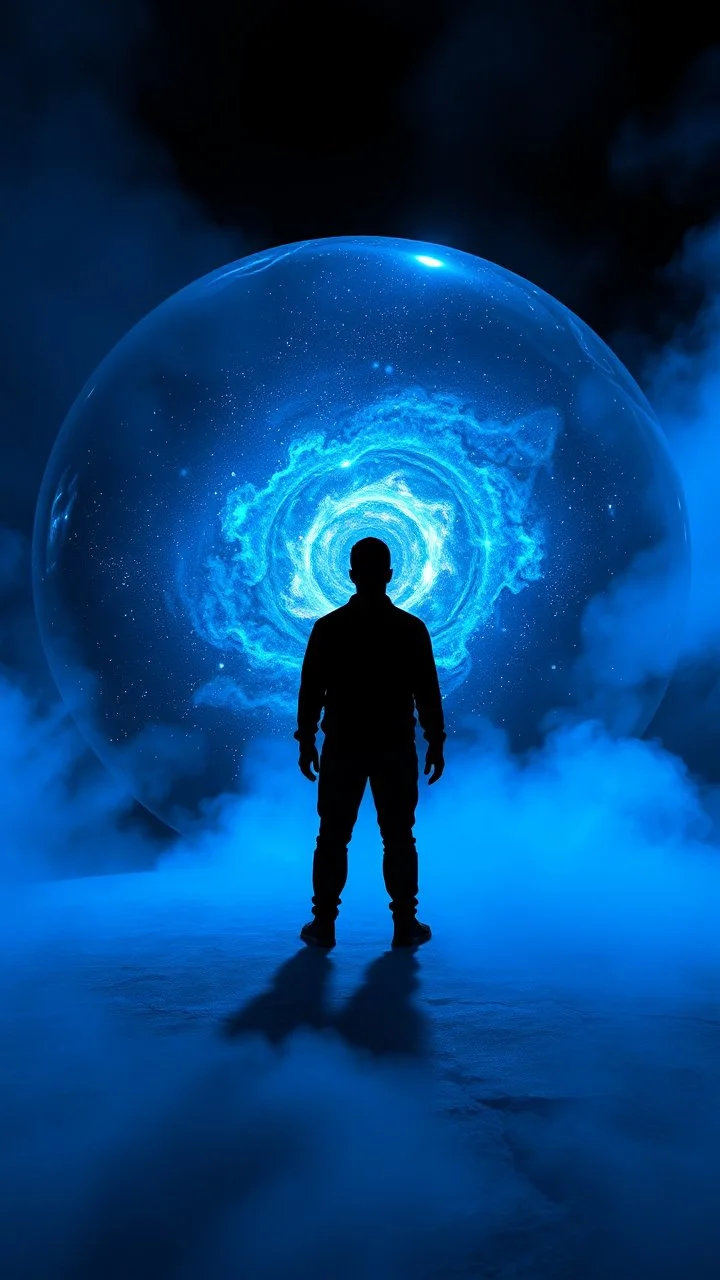 A shadow is standing in front of a Blue Galaxy inside a marble, surrounded by neon Blue and Black fog, 3D, trippy, spooky. Stunning environment, beautifully lit, insanely detailed