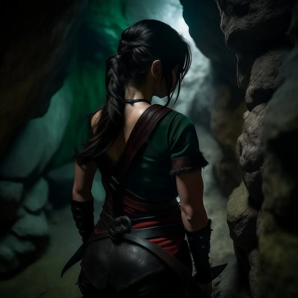 a beautiful tiefling woman with dark hair in a sleeveless battle outfit, seen from the back, at the edge of a precipice in a cave, ready to jump, photo quality, dark colors