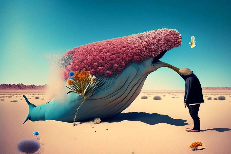 fotografía surrealista, ballena, flor, desierto y hombre