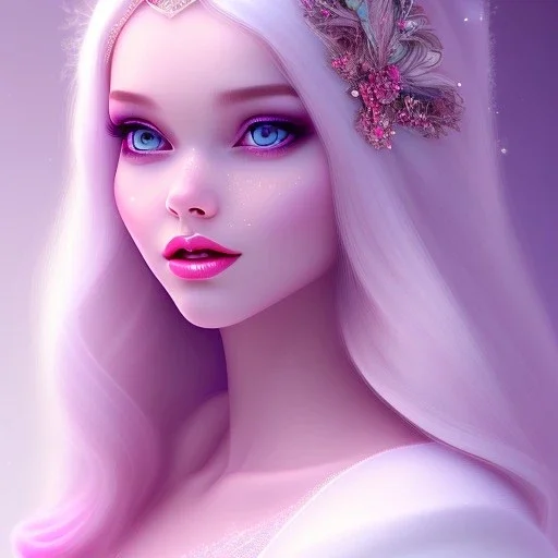 Snow white, beautiful, soft,long straight blonde hair blues eyes, clothing in transparent bluish and pink veil, background brillante bluish and pink,