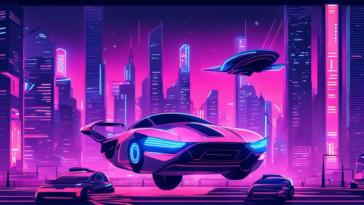 A futuristic cityscape at night with neon lights and flying cars.