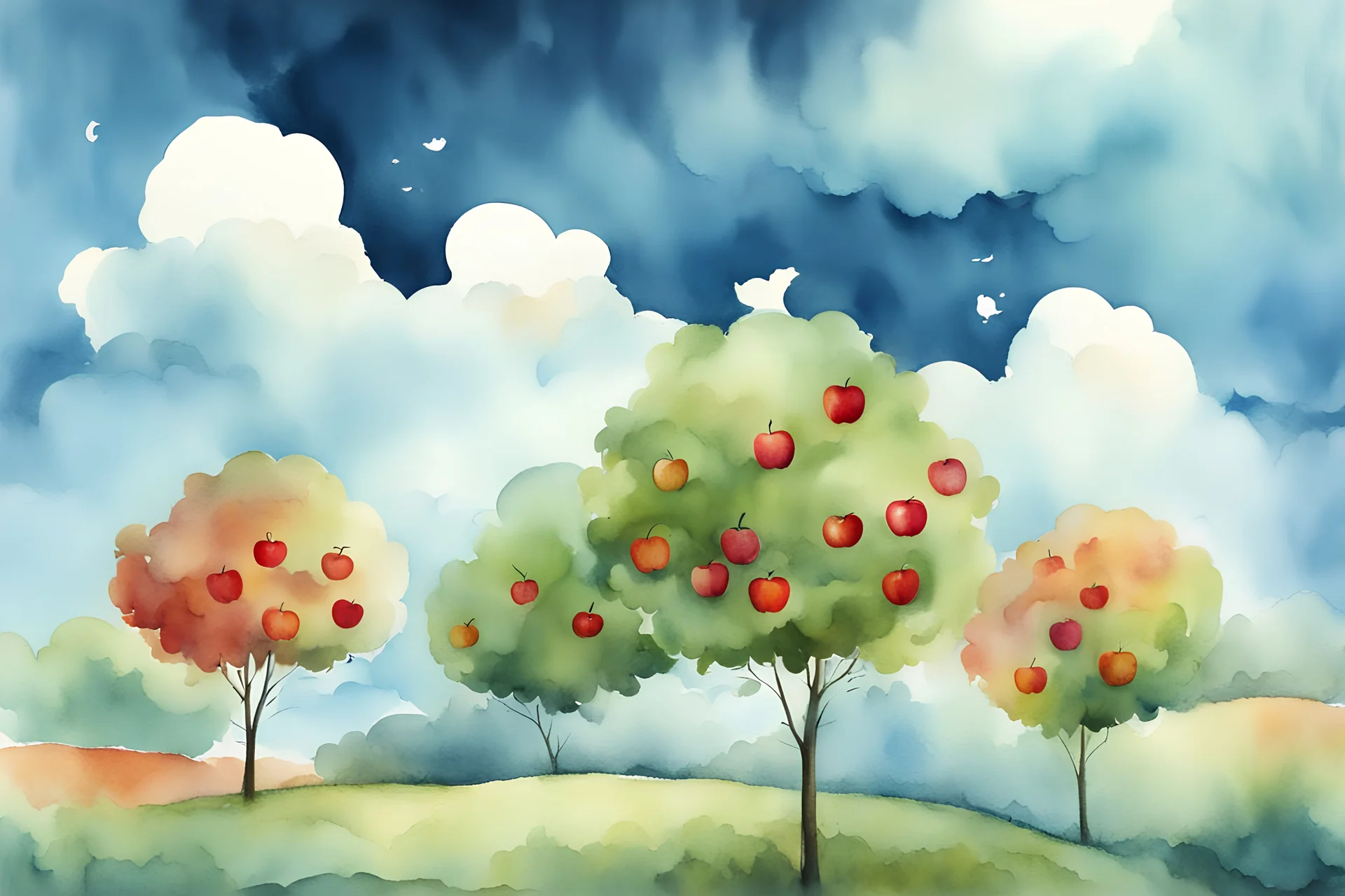 cute apple-shaped clouds on the blue sky. Cartoon style. watercolor.