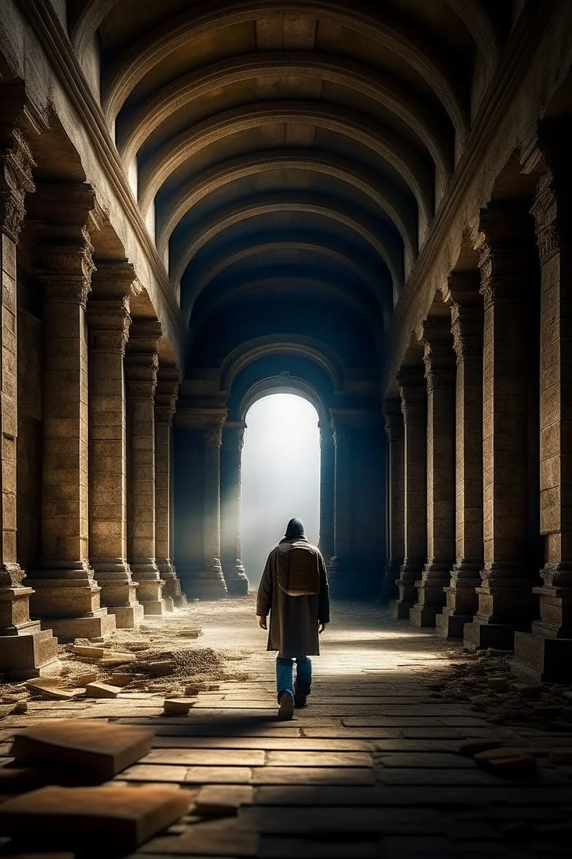 man walking in the ruins of a great ancient library.