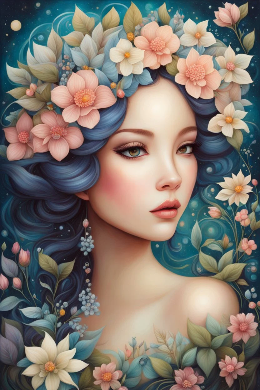 a painting of a woman with flowers in her hair, by Jeremiah Ketner, by Audrey Kawasaki, beautiful fantasy art portrait, by Juliette Wytsman, woman in flowers, by nicoletta ceccoli, beautiful fantasy portrait, by Jeka Kemp, by Melissa Benson, inspired by Jeremiah Ketner, girl in flowers, graphic artist magali villeneuve, anna dittman