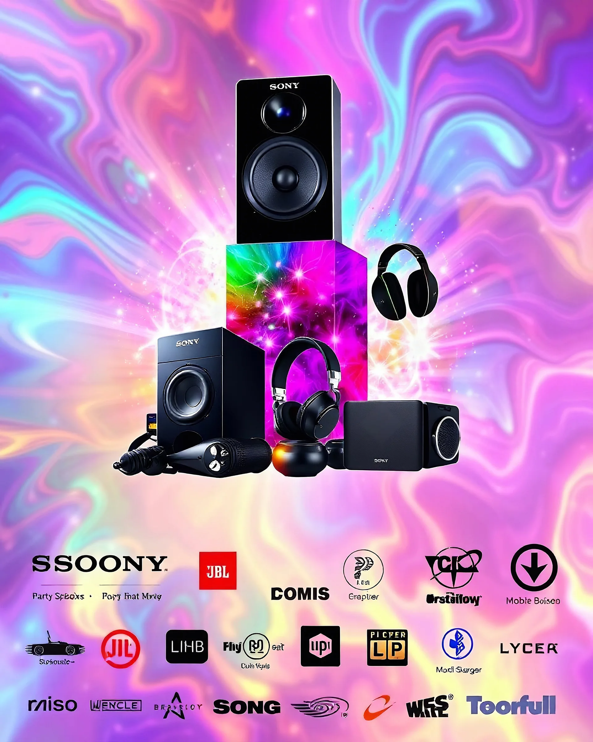 A beautiful design with photos of Sony party speakers and party boxes, headphones, mobile chargers, and JBL speakers in the center of the image and several famous logos from the world's audio and video systems at the bottom of the image with a beautiful, unique, and psychedelic color theme.