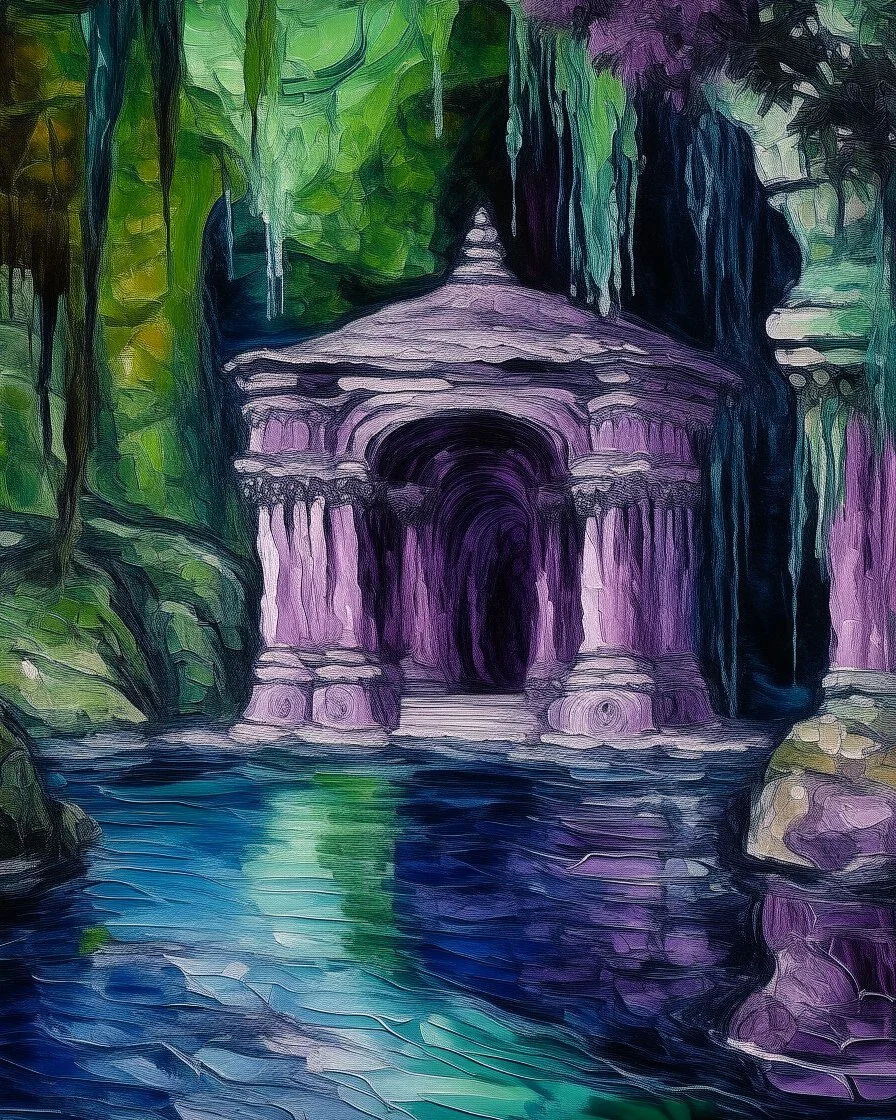 A purple grotto with watery springs temple painted by Vincent van Gogh