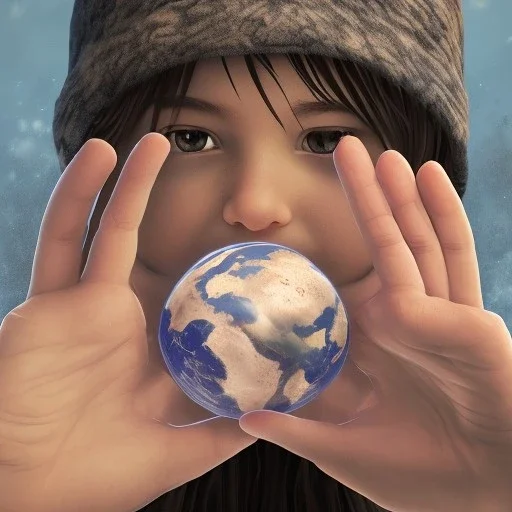 a Childs hand, holding the world, 8k, photorealistic