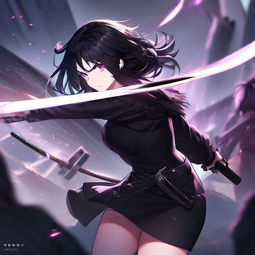 Clear focus,High resolution, Black short fluffy hair, and purple eyes, wearing a black outfit, must wear a short skirt, holding a glowing katana, fighting stance