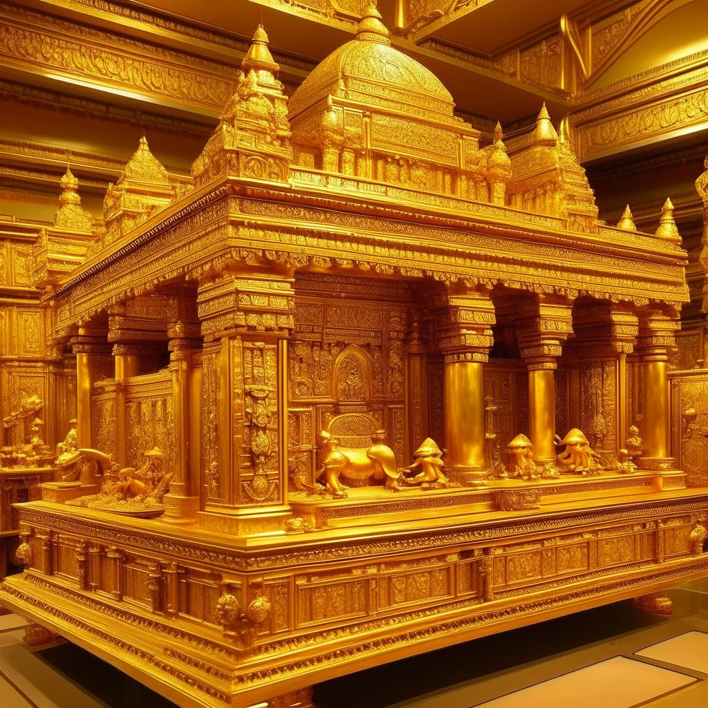 A golden yellow temple filled with gold and jewels designed in ancient Egyptian pottery