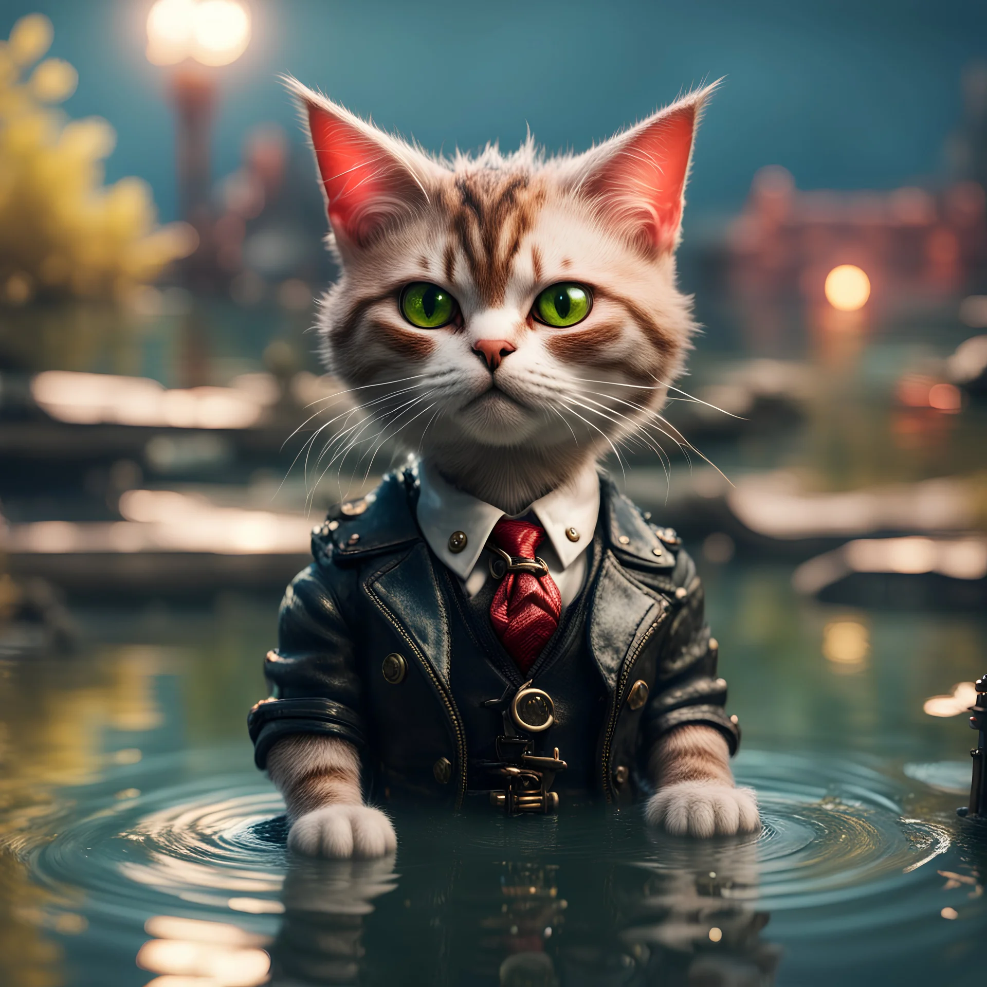 punk tabby cat devil pimp with bitches in pond, in the style of a fallout 4,bokeh like f/0.8, tilt-shift lens 8k, high detail, smooth render, down-light, unreal engine, prize winning