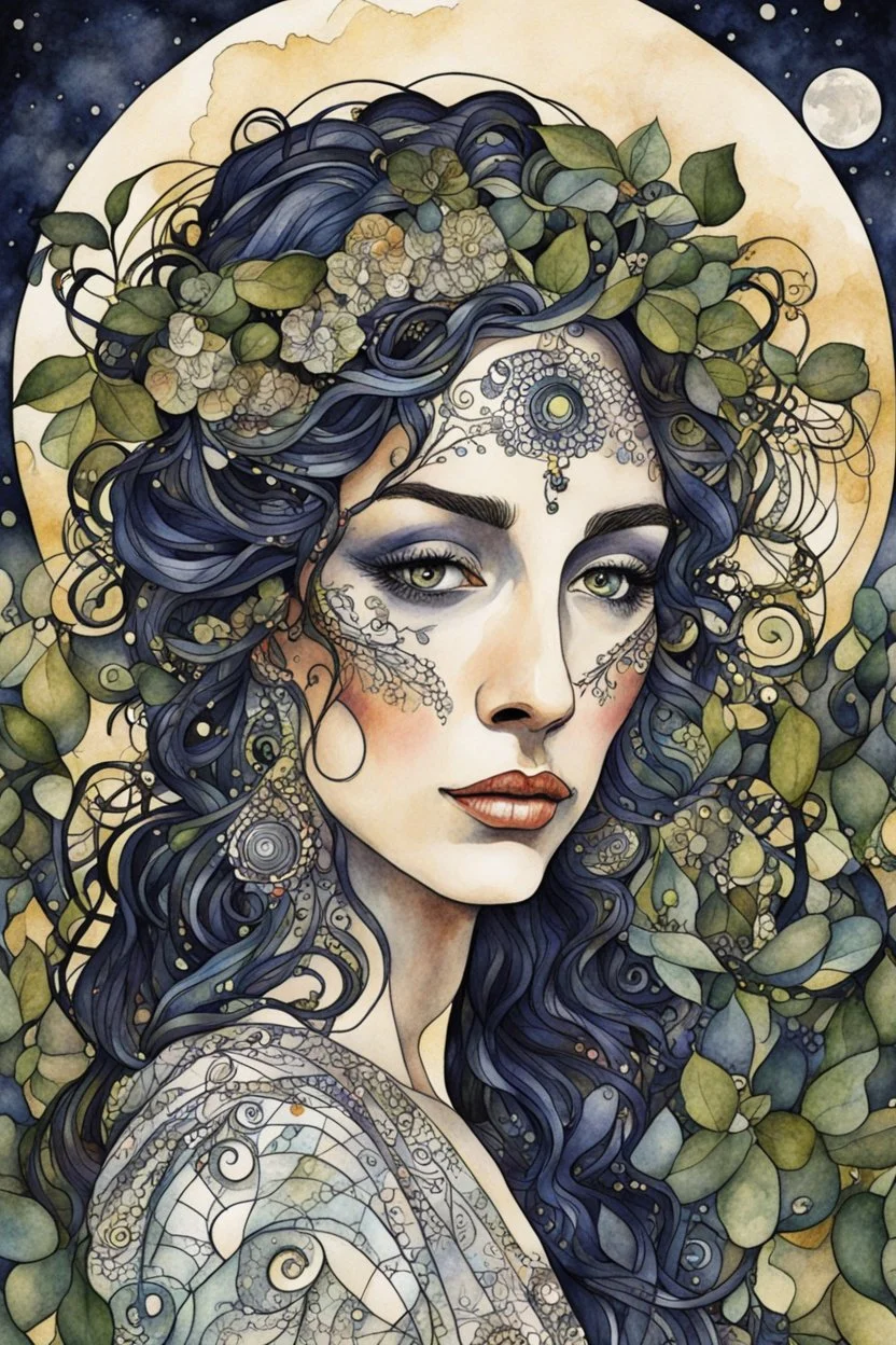 random watercolor Zentangle patterns in the styles of Gustav Klimt ,Wassily Kandinsky, Alphonse Mucha, and Kay Nielsen that depicts an aged and haggard female Spanish bruja, with highly refined facial features, in a moonlit Andalusian olive grove , with fine ink outlining