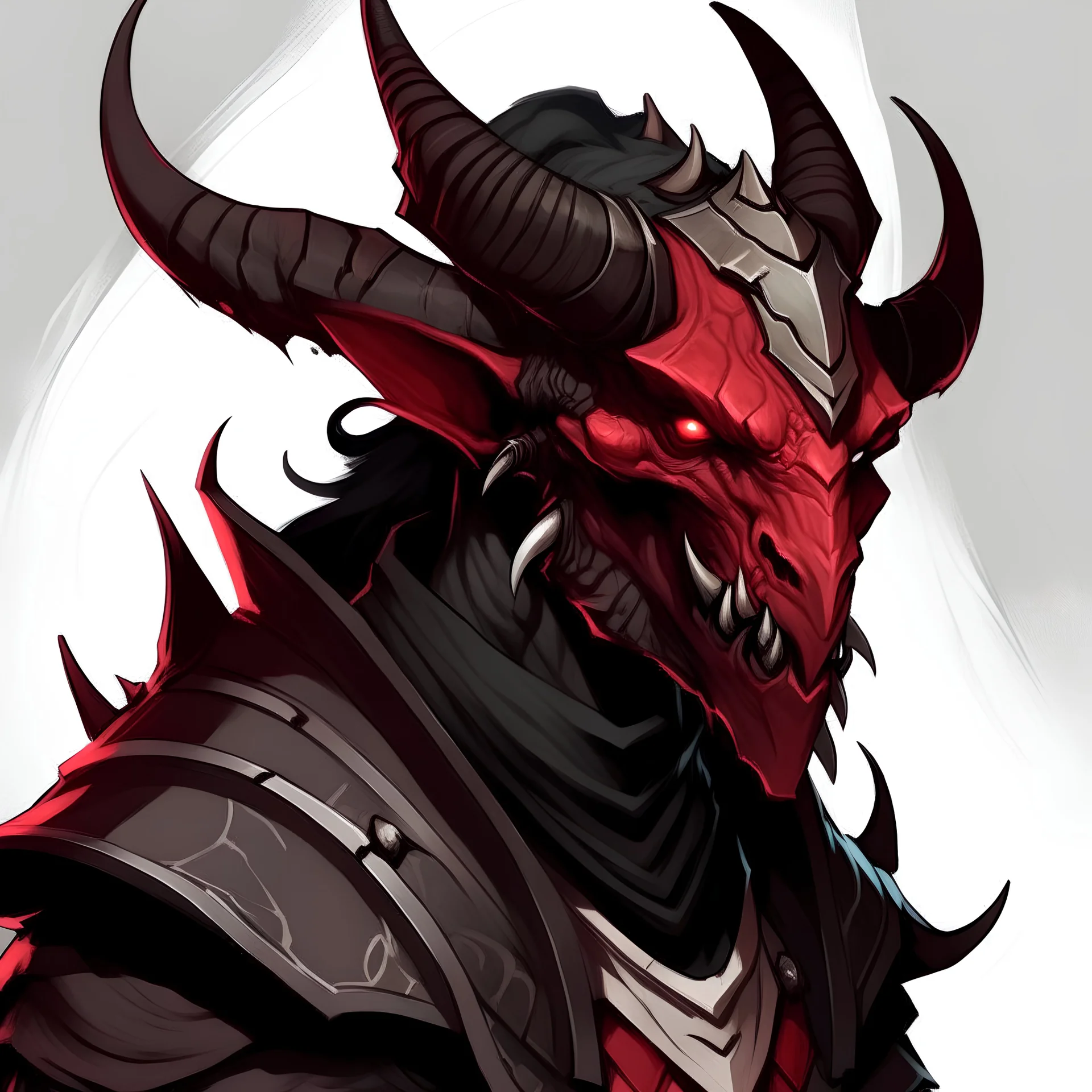 dnd, artistic, illustration, dragonborn, portrait, skinny, red, black horns