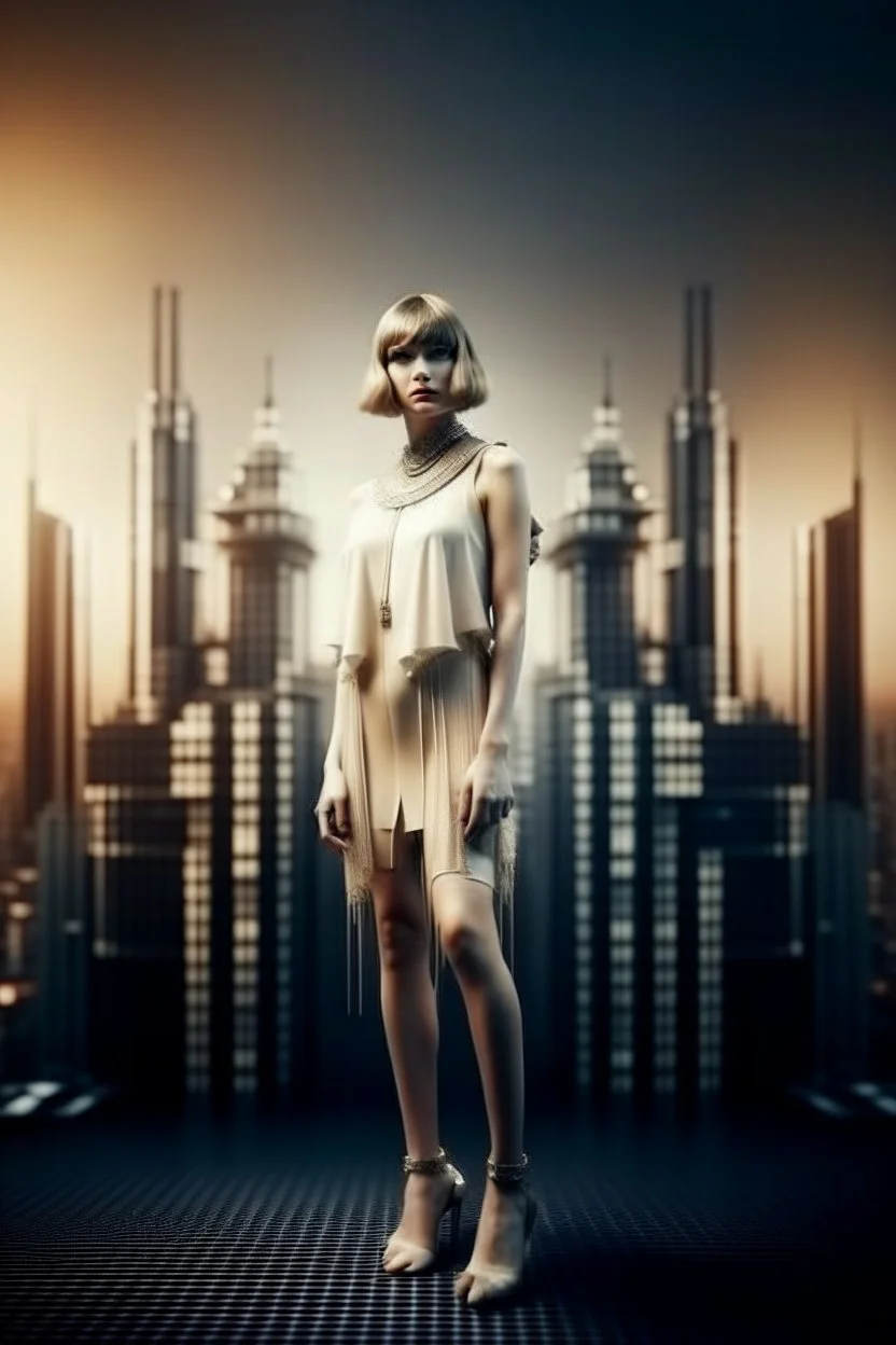 full body picture of a skinny woman with a bob, a fringe hairstyle, 1920s flapper clothing, futuristic city background