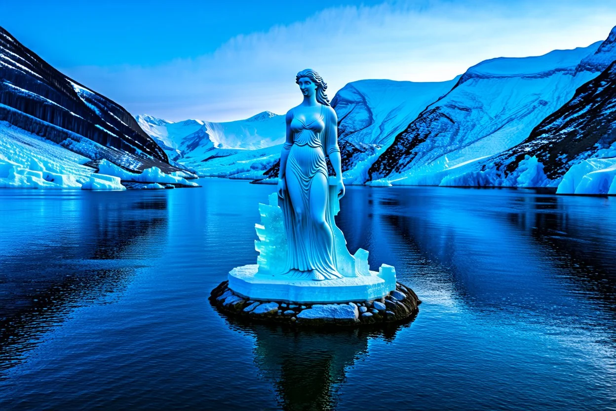 in a frozen sea with pretty mountains a full lady statue of transparrent ice