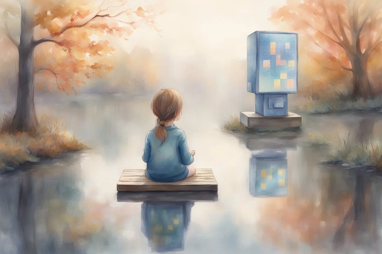 a cute chibi girl is sitting with her back to us, we see her playing tetris on a big screen, in van gogh style in on a misty morning. over a misty pond in the hieght of fall. Watercolour by Alison Brady. Pastel colours S<AI in sunshine, ethereal, otherwordly, cinematic postprocessing