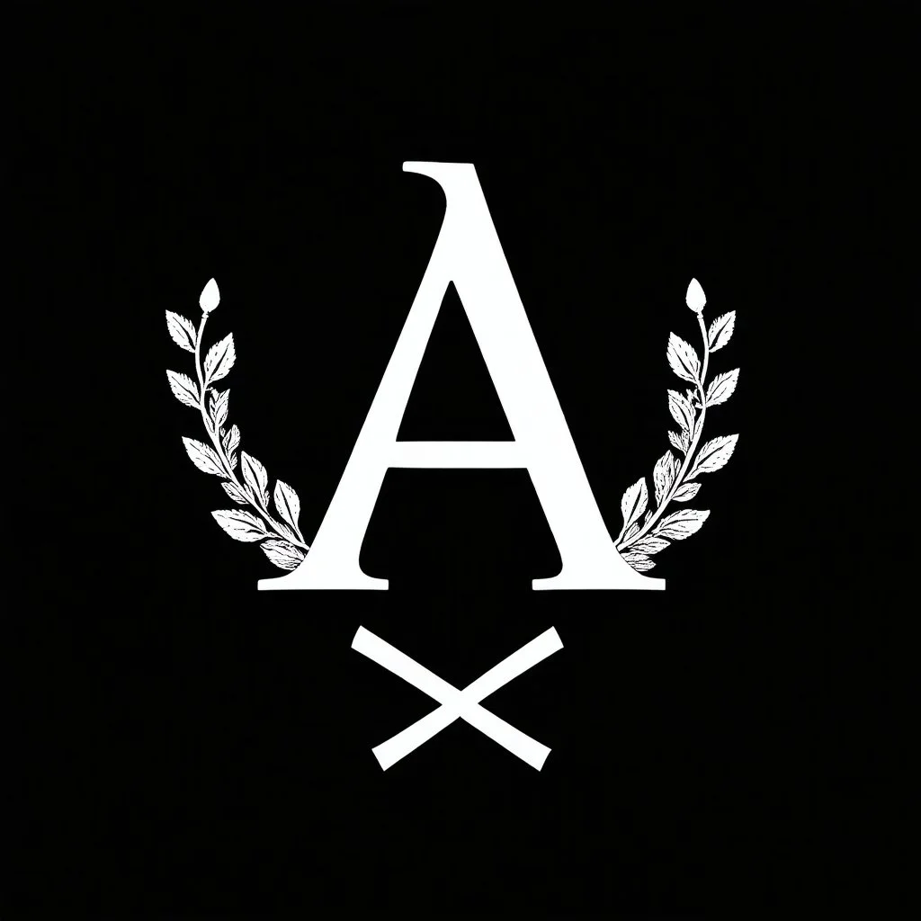 2 branches(crossed at bottom, arching upward wreath), Letter A in Middle, delicate linework(romantic), sharp image, white vector on black background