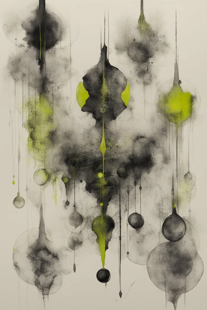 concepts are connections between percepts; black and white Ink wash with Chartreuse accents