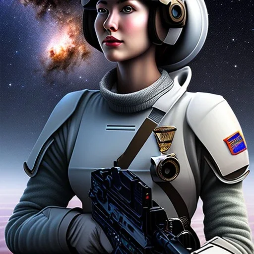 centered portrait of female soldier with no helmet, by a starship window with a view to the milky way