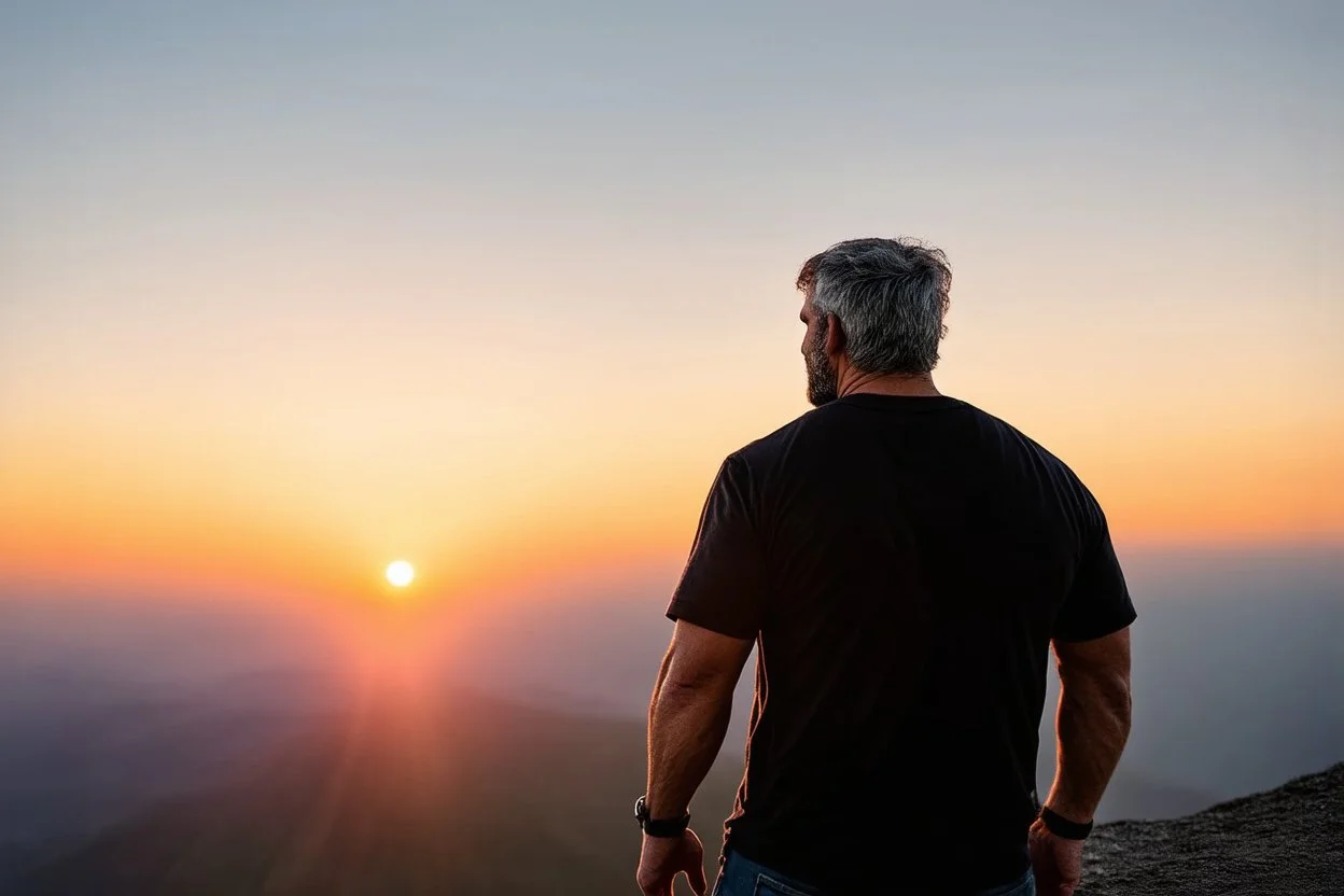 a brawny man with grey hair views sunset from a cliff