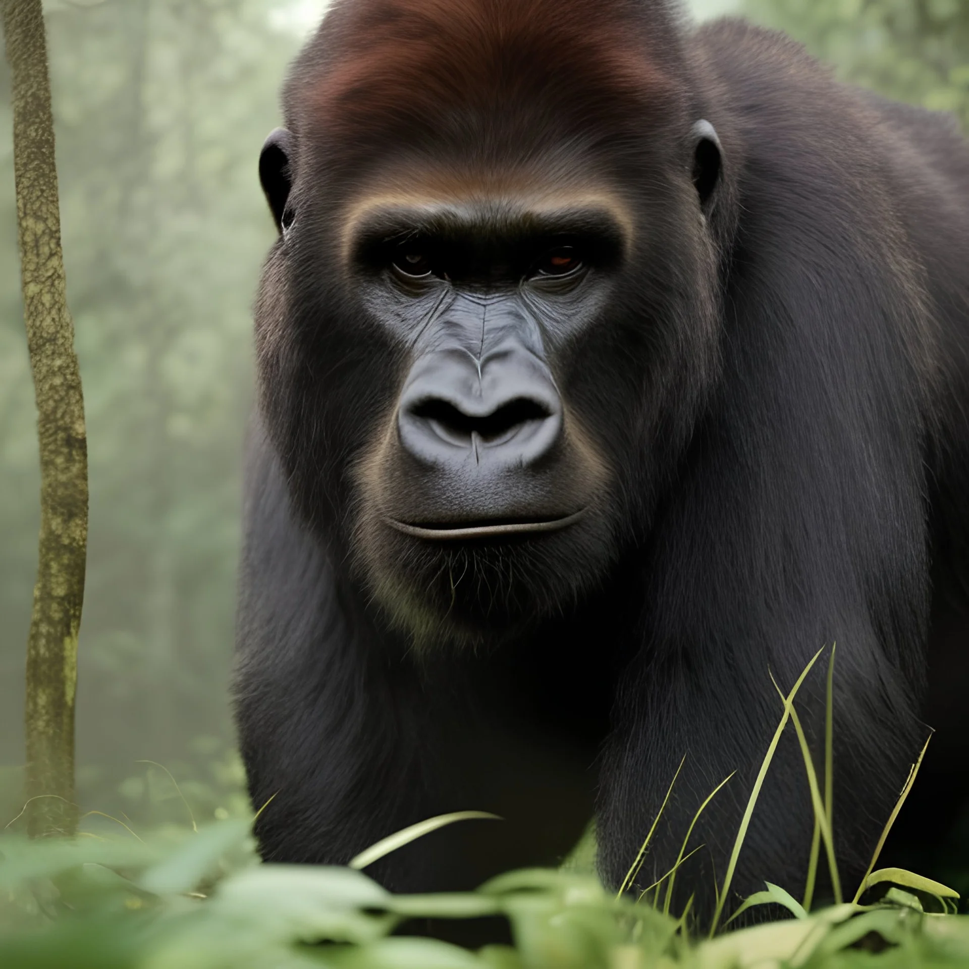 Photoreal henry cavill as a gorilla in the jungle at dawn by heavy mist