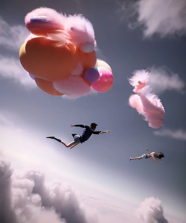 Ultra realistic speed clouds sky scene, wide angle view, sweet men falling down, many Childs, feather color clothing, free jumping flying, many trinkets, hair monster, many jelly beans, balls, color smoke, smile, happy, circus style, extreme, wind, clouds sea, 20,000 feet altitude, stratosphere, soft color, highly detailed, unreal engine 5, ray tracing, RTX, lumen lighting, ultra detail, volumetric lighting, 3d, finely drawn, high definition, high resolution.