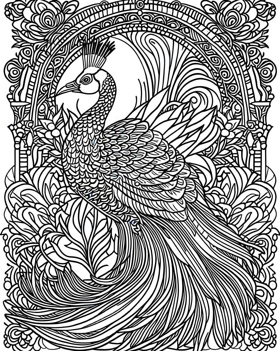 Coloring page for adults, bold lines, dark lines, symmetrical, white background, clean line art, fine line art, peacock.