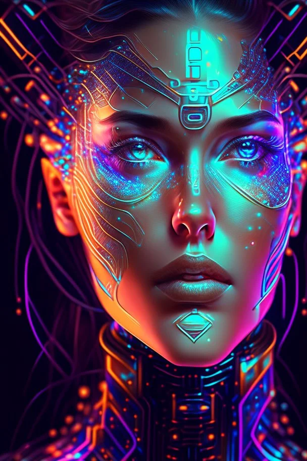 A mesmerizing portrait of a cybernetic woman, her face a blend of organic and mechanical elements, with vibrant, glowing circuits and holographic patterns.