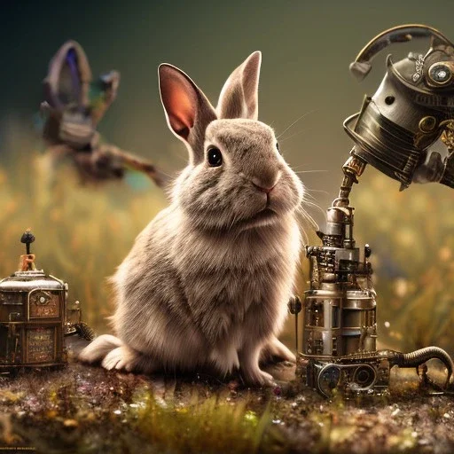 steampunk rabbit, extremely detailed, UHD, 8k,The close-up camera effect,sharp focus,perfect, background forest,position,hyperphotorealistic