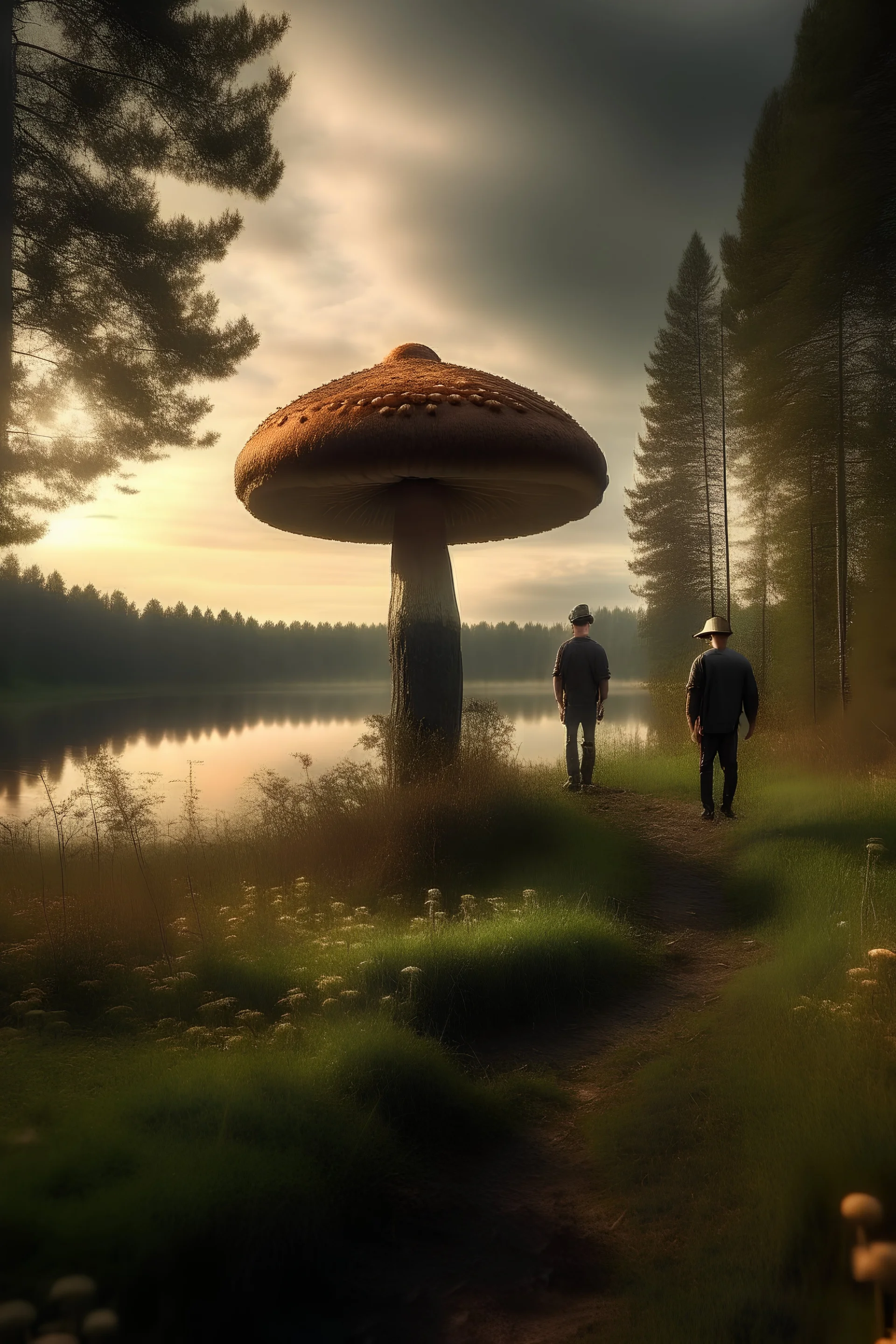 forest trail, big round mushroom men, dusk beside a lake