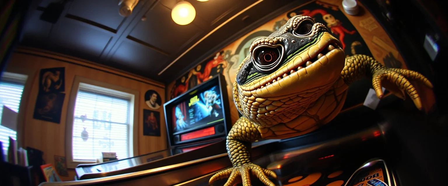 pinhole cam, master oil painting by Rembrandt, good afternoon bitch scary geek gecko dragon turtle, playing pinball