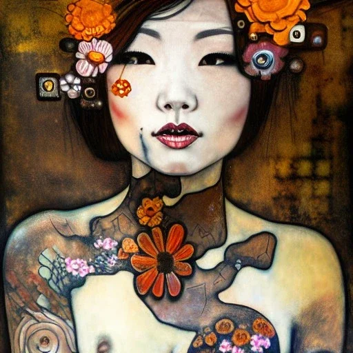 an abstract painting of rusted metal and flowers, beautiful smiling fullbody Yakuza Woman portrait, with fullbody japanese realistic tattoes, realistic,rust, scaffolding, iron cladding, decay, mixed media, textured, anatomically correct, beautiful perfect face, sharp focus, highly detailed by Gustav Klimt 8k