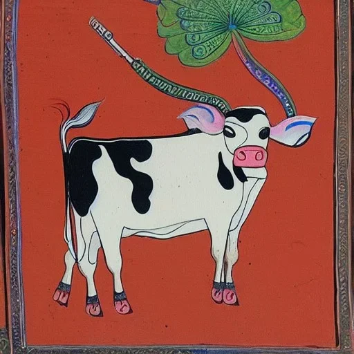 cow with wings holding a lotus and pen in Indian painting style