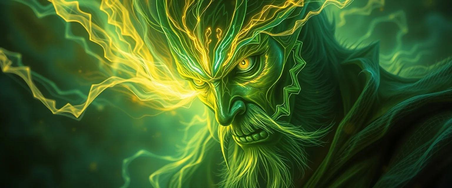 close up portrait of a plasma flickers like hypnotic fire in geometric shapes like a dna swirl of time and a fearsome planeswalker